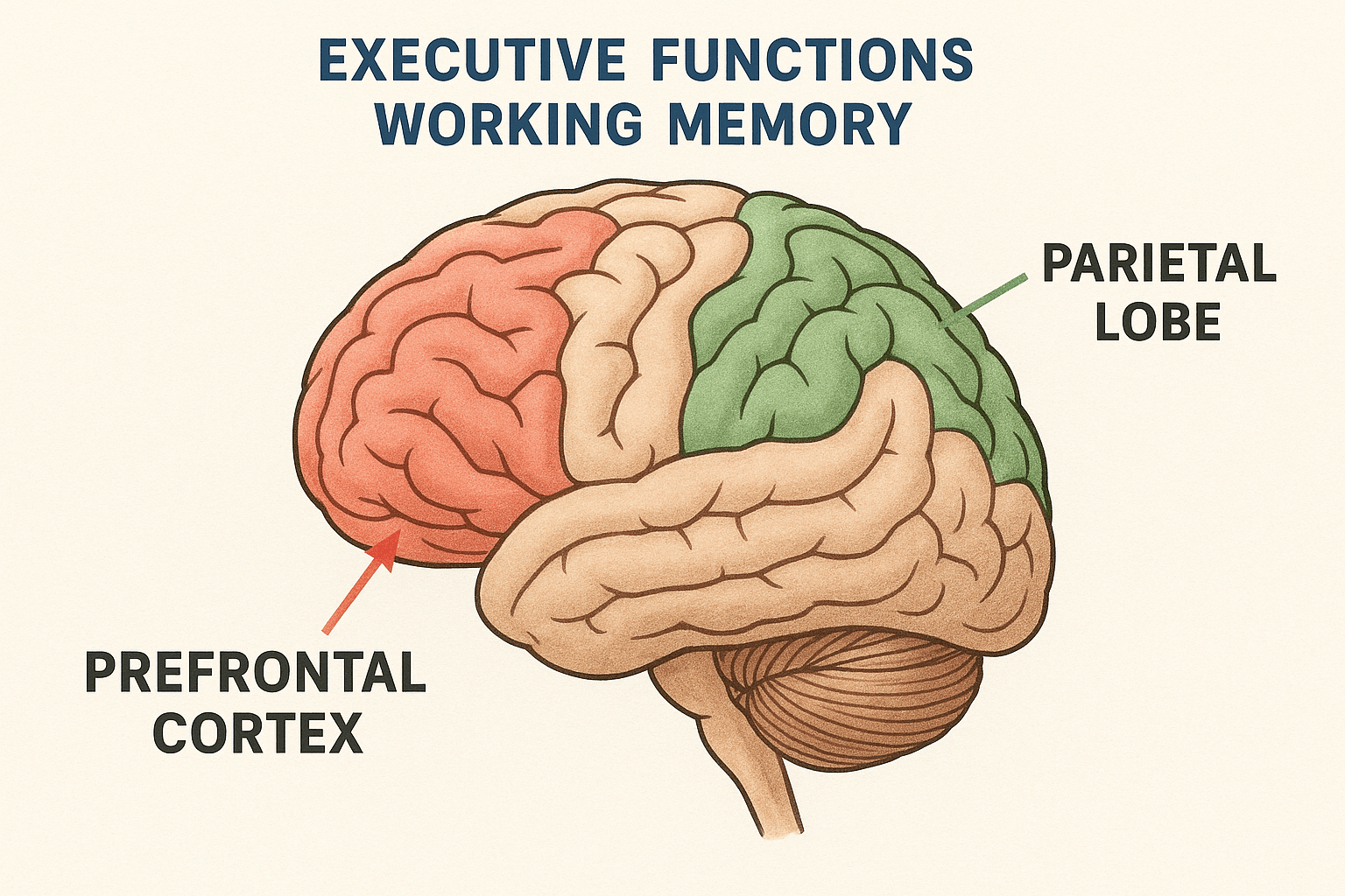 A diagram highlighting the prefrontal cortex and parietal lobe, showing brain regions associated with working memory and fluid intelligence.