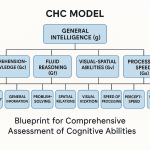 A detailed diagram illustrating the three-tier hierarchy of the Cattell-Horn-Carroll (CHC) theory of intelligence, showing the relationships between the General G factor, broad abilities (like Gf, Gc, Gwm), and narrow abilities.
