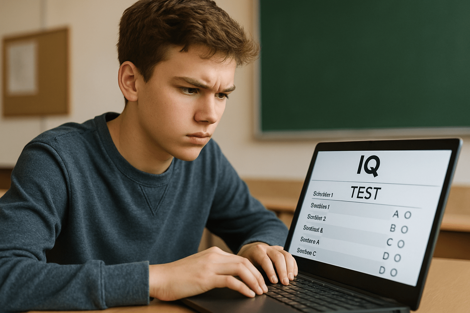 A young student, with a focused and determined expression, taking a digital exam on a modern laptop computer. The environment is neutral, suggesting a standard testing or study setting, representing the contemporary method for both IQ assessments and academic standardized tests.