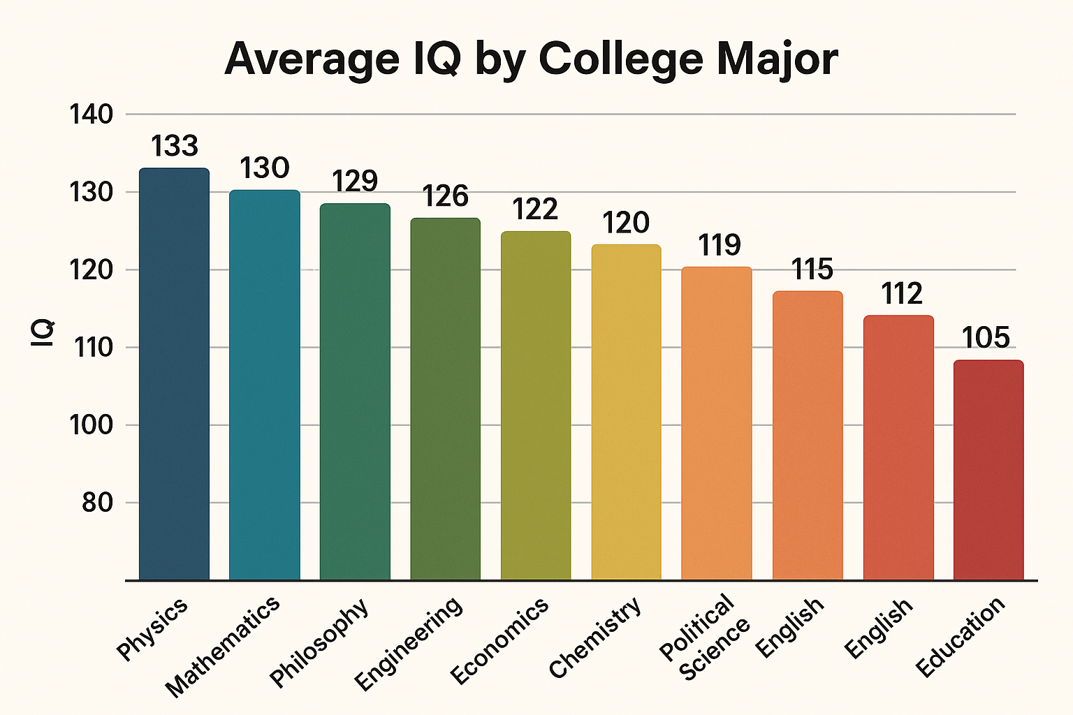 Bar chart showing the average IQ of students in different college majors, illustrating high IQs in majors like Physics and Math compared to others.
