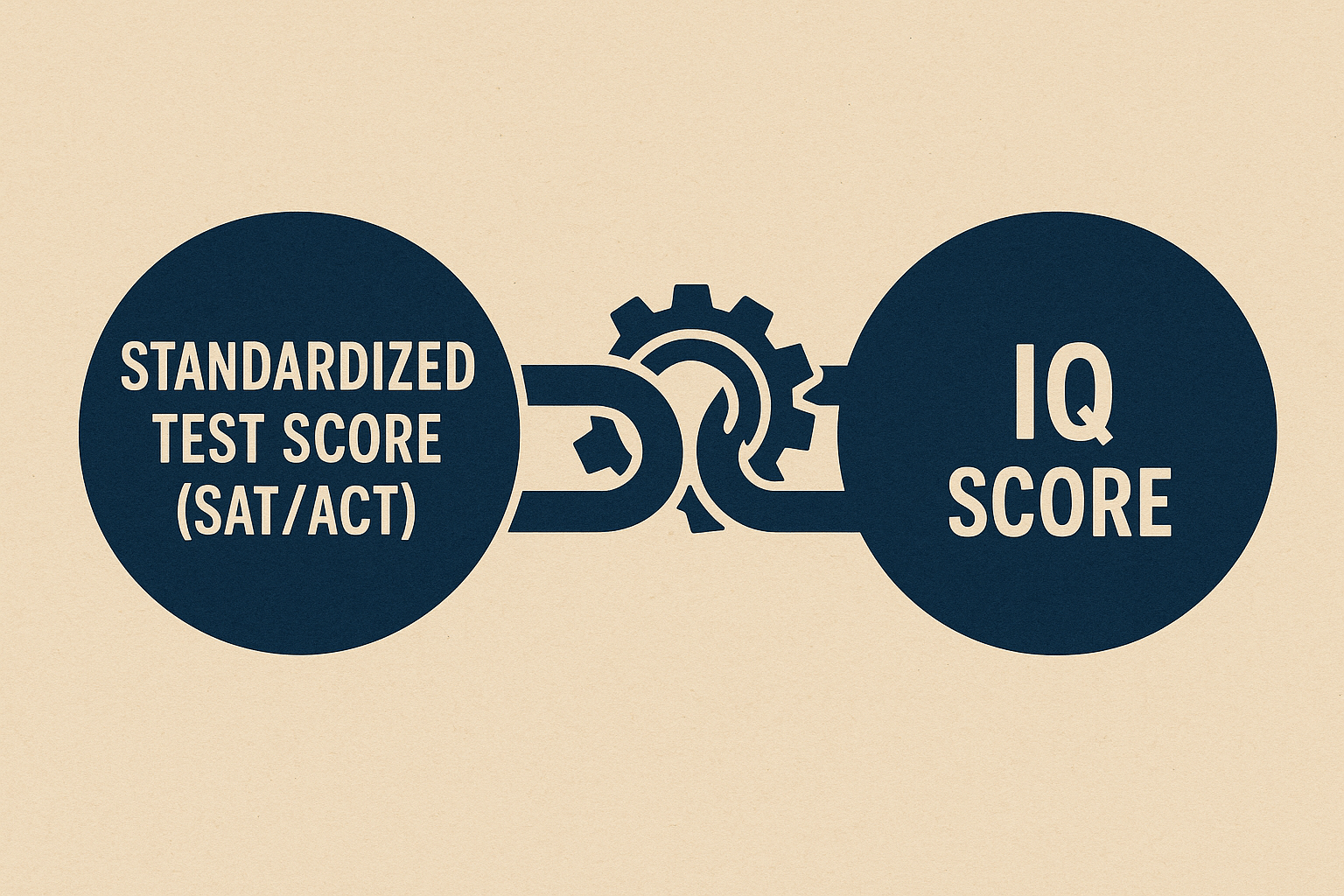 A graphic illustration showing two concepts, 'SAT/ACT Score' and 'IQ Score,' linked together by a strong, interwoven mechanism, symbolizing the high correlation and functional relationship between academic test performance and general intelligence.