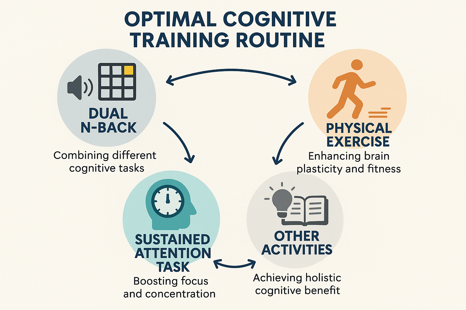 An infographic demonstrating an optimal daily cognitive training routine, combining Dual N-Back with memory games, and physical exercise.