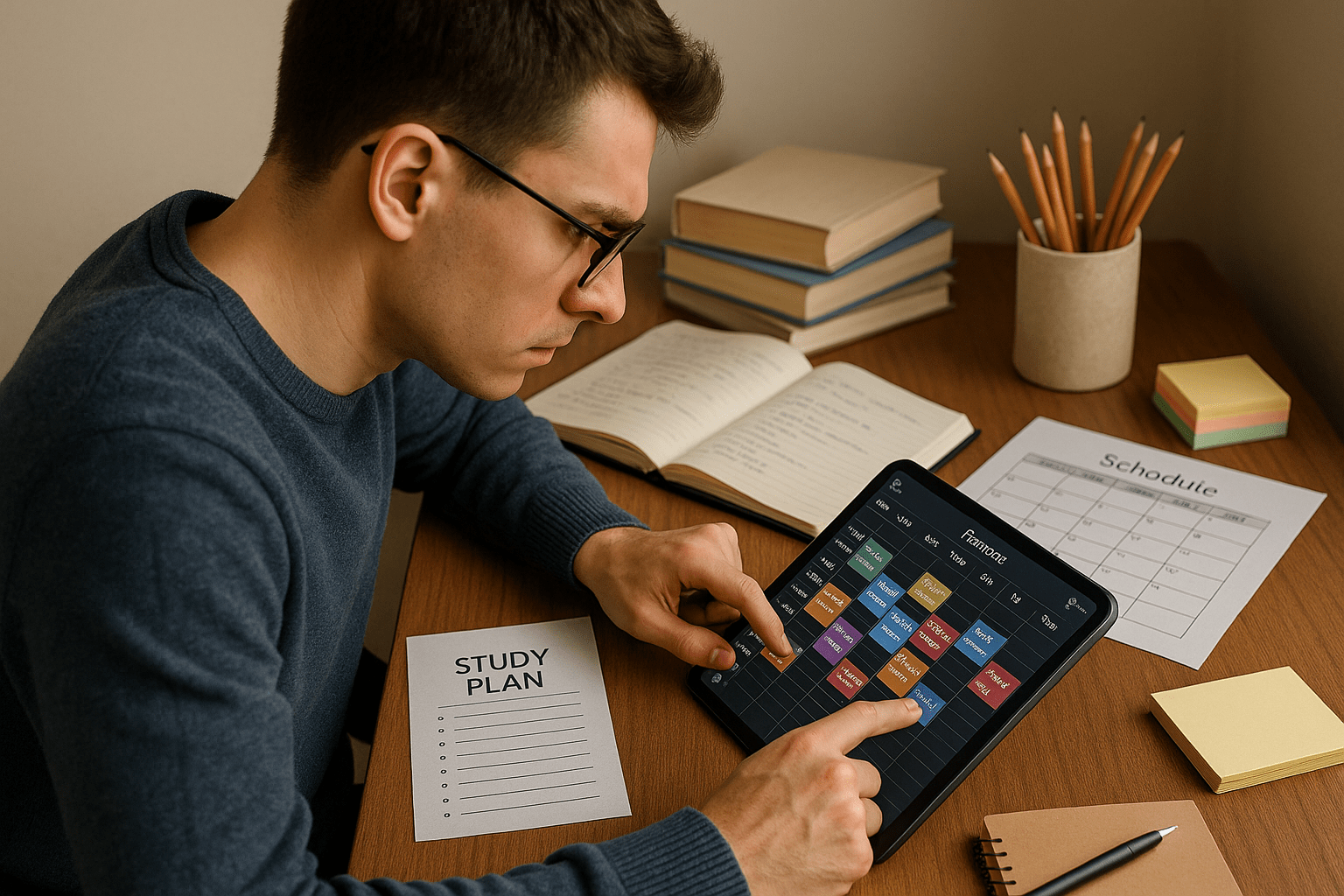 A focused student at a desk managing a complex university schedule with a digital planner, illustrating the importance of organization and diligence.