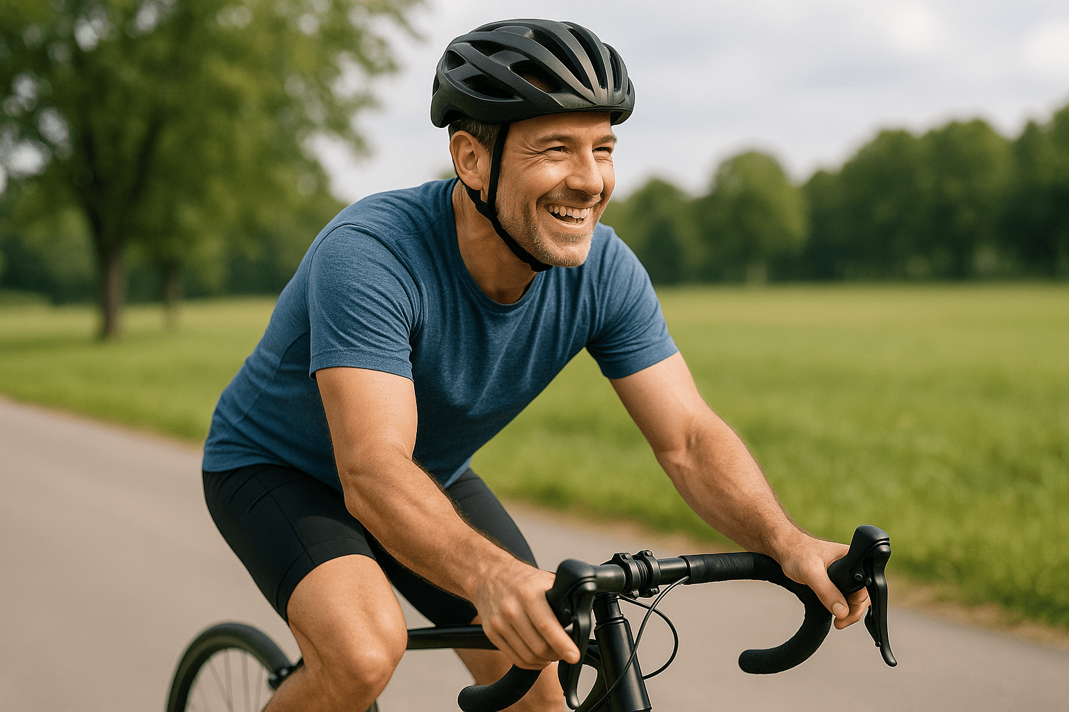 A person cycling outdoors on a road bike, illustrating consistent exercise for brain health.