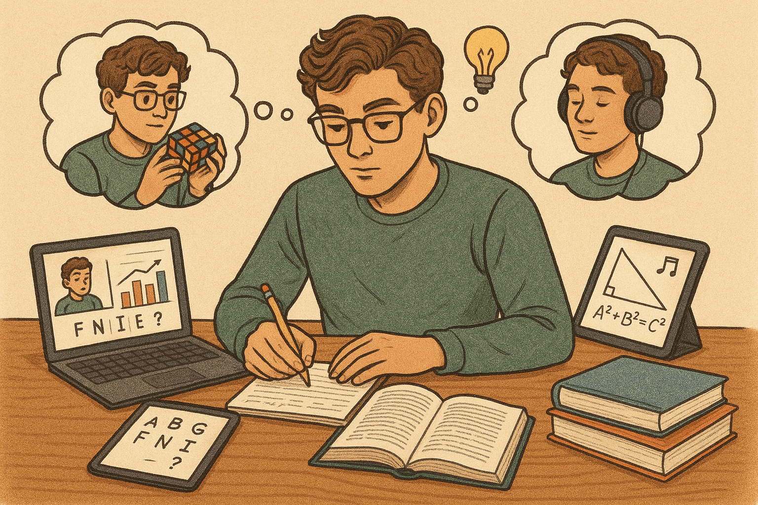 A student engaged in personalized study, using different techniques for various subjects like reading for verbal comprehension and manipulating blocks for spatial visualization, reflecting the application of Thurstone's PMAs.