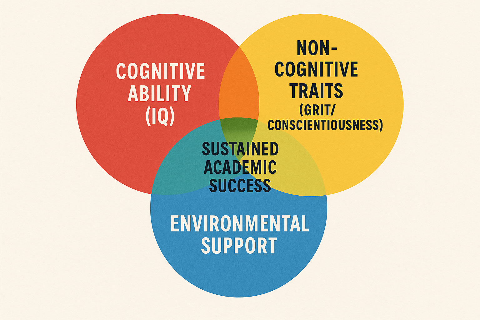 Venn diagram showing that academic success is the intersection of cognitive ability (IQ), non-cognitive traits (Grit/Conscientiousness), and environmental support.