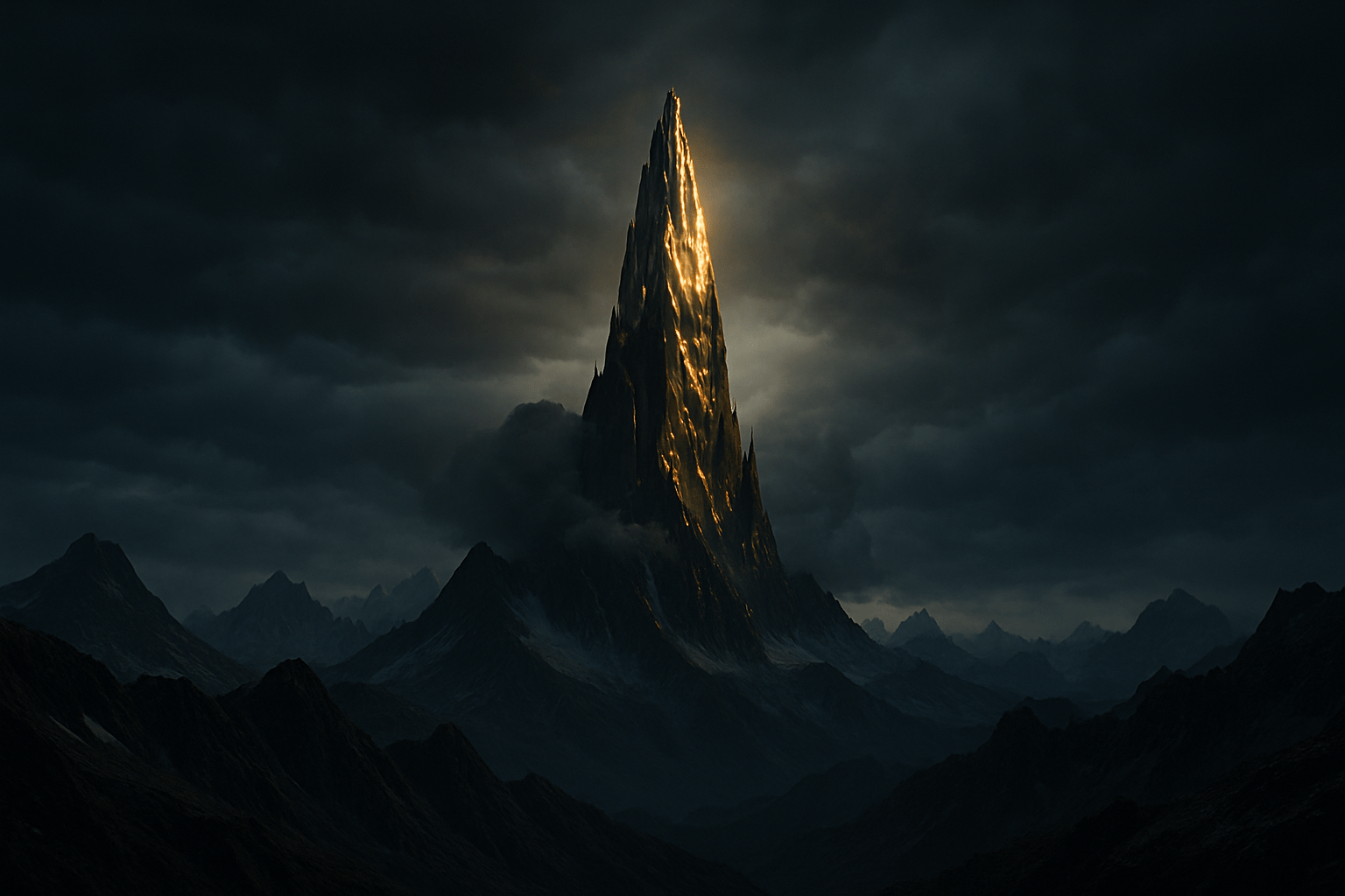 Surreal landscape with average mountain peaks and one massive obsidian peak piercing the clouds representing 145 IQ rarity