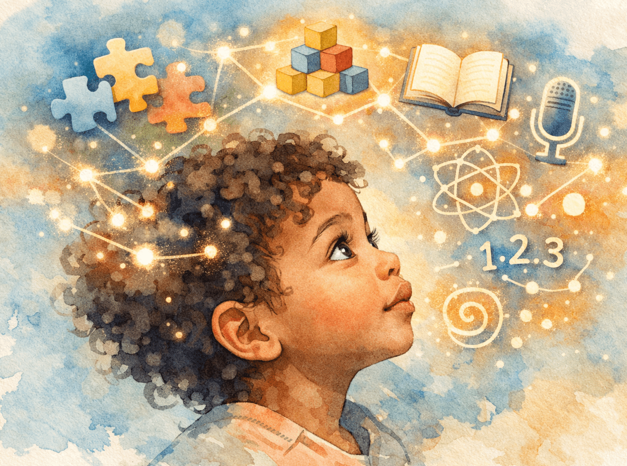 A conceptual illustration showing a child's profile with interconnected icons representing diverse cognitive skills like language, shapes, and puzzles emanating from their mind.