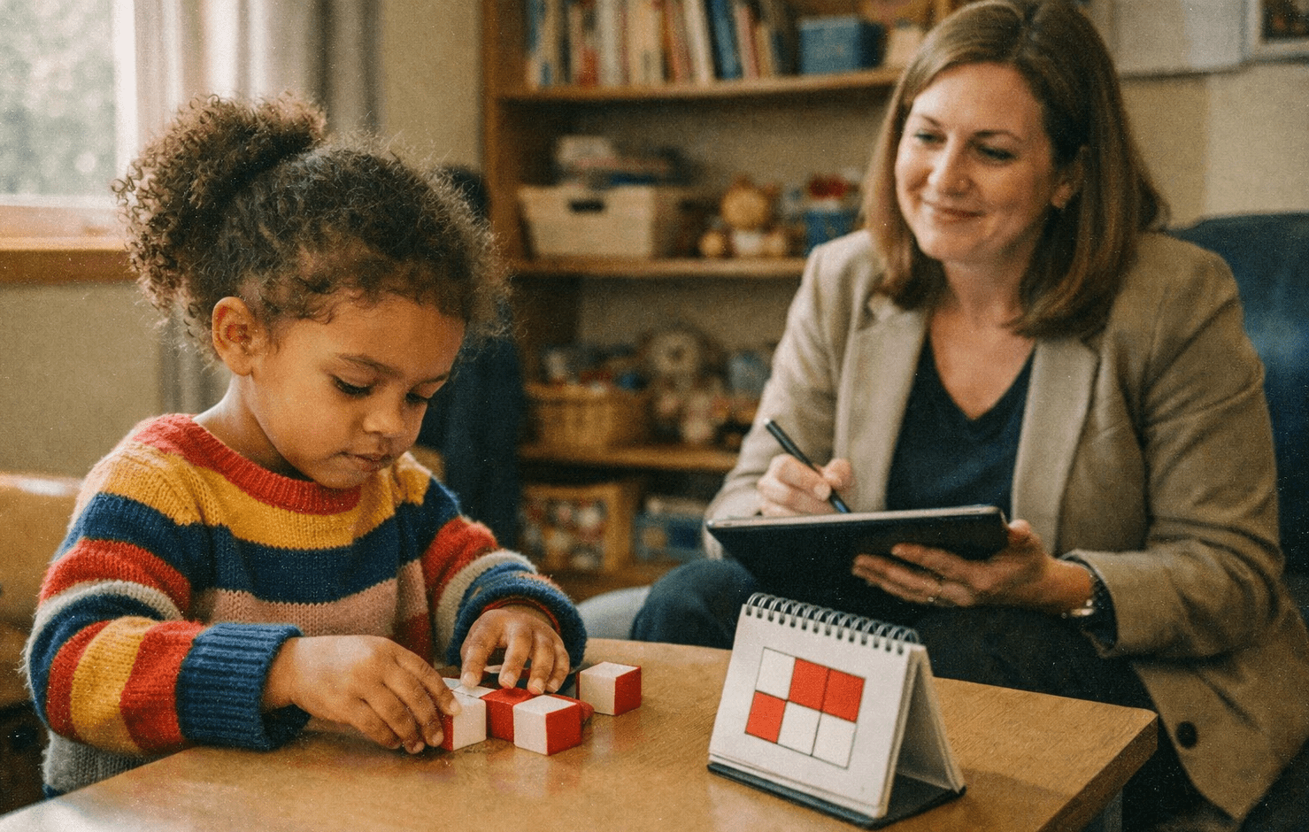 A candid shot of a female psychologist sitting across a small table from a young girl, who is intently focused on arranging small blocks to match a pattern.
