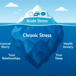 Free Online Stress & Well-being Test: Build Your Resilience Iceberg infographic comparing visible acute stress (traffic, deadlines) with hidden chronic stress (finances, anxiety) beneath the surface.