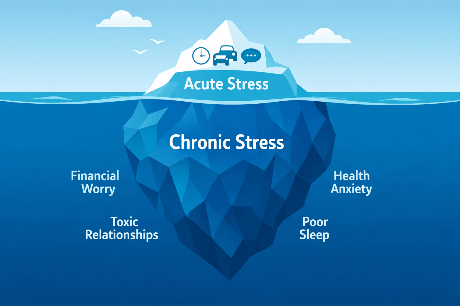 Iceberg infographic comparing visible acute stress like traffic with hidden chronic stress like anxiety