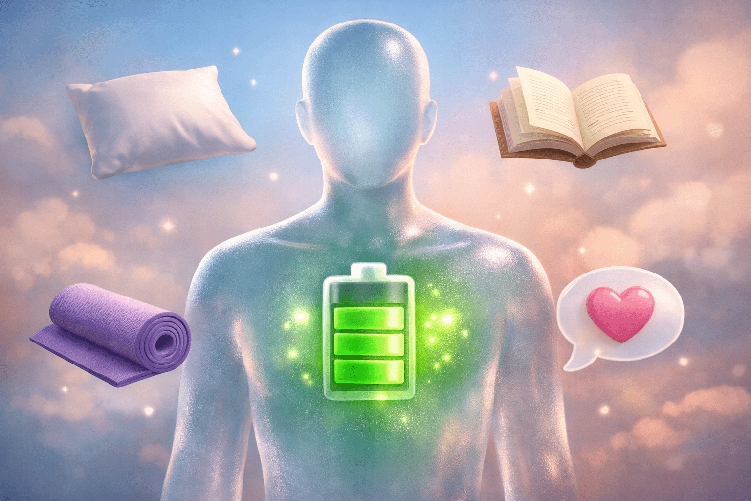 Illustration of a charged battery inside a human silhouette representing resilience