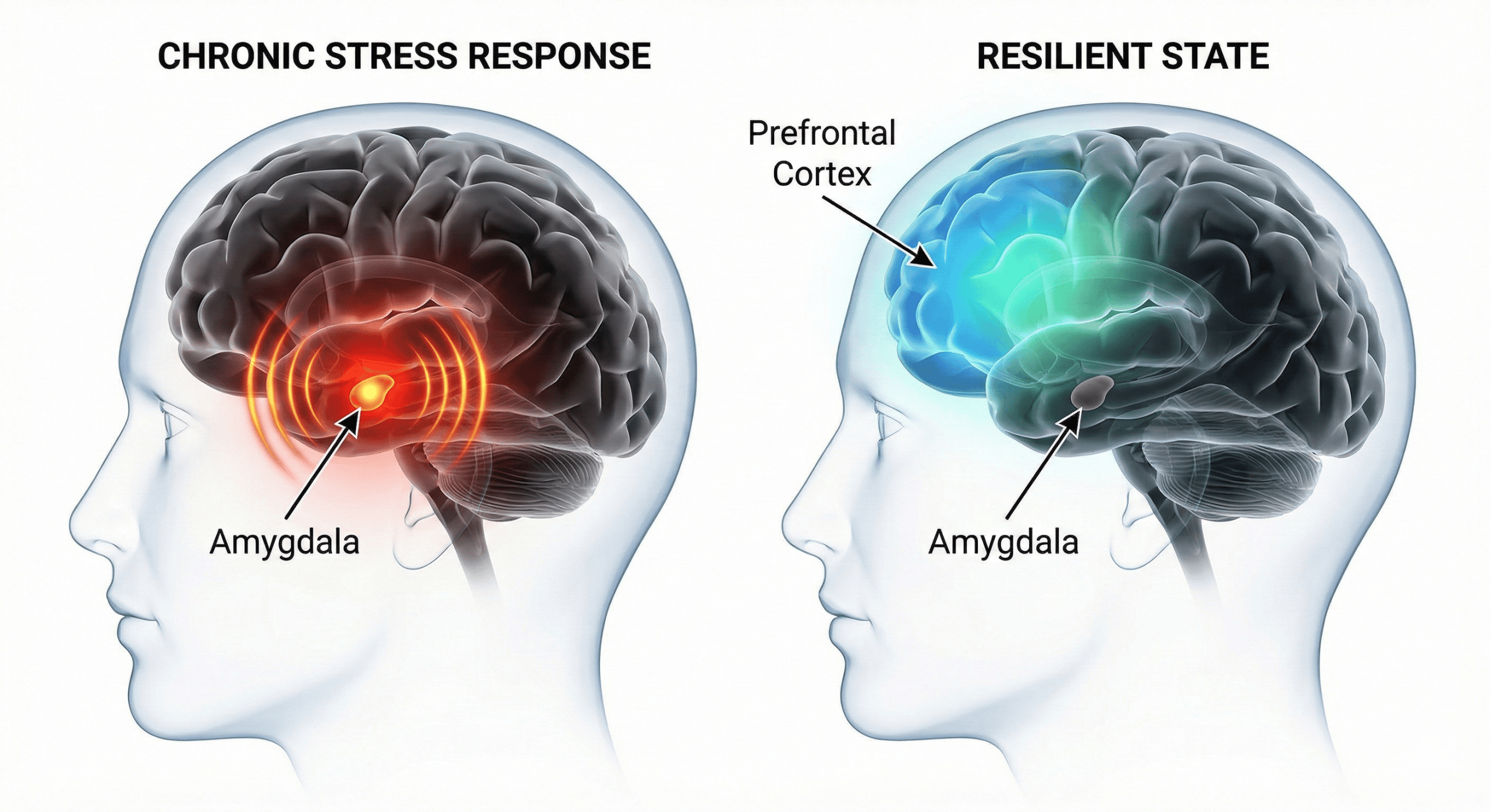 Scientific comparison of a stressed brain with active amygdala vs resilient brain with active prefrontal cortex