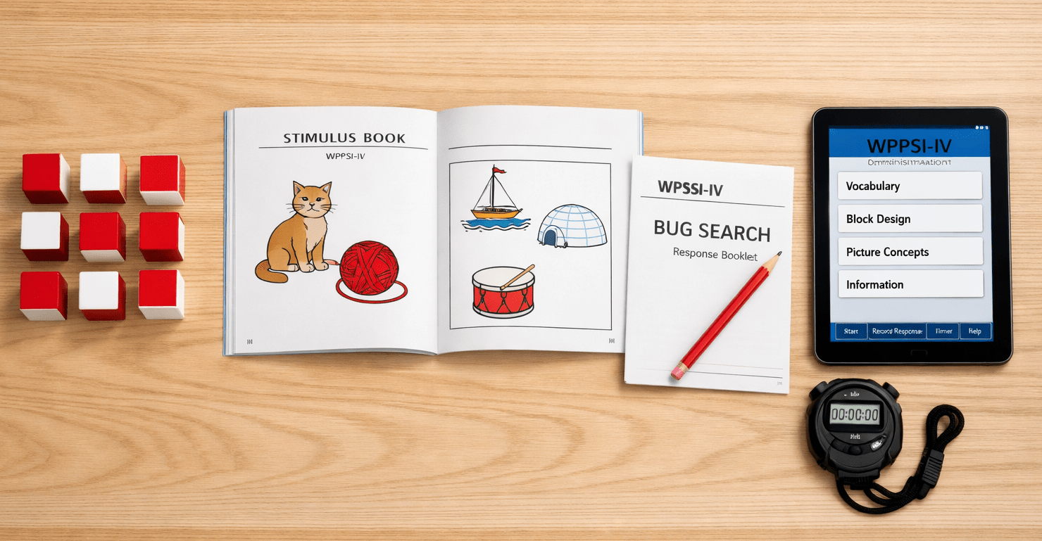 A top-down photograph of the standardized materials found in a WPPSI-IV assessment kit, including red and white blocks, stimulus booklets, a stopwatch, and scoring forms.