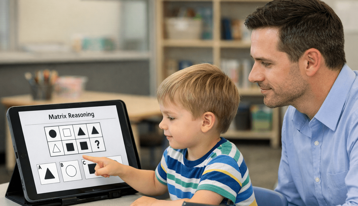 A young boy points to a pattern puzzle on a large tablet screen during a WPPSI-IV assessment, while an examiner observes.