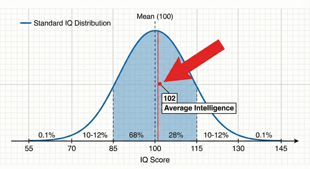 A standard IQ distribution bell curve chart. The center peak is marked at 100. An arrow points specifically to the 102 score, labeling it as "Average Intelligence."