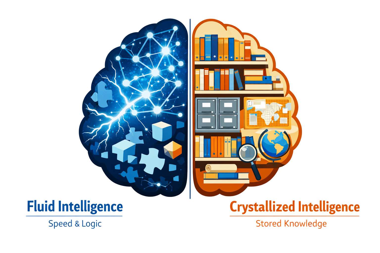 Fluid vs Crystallized Intelligence diagram logic processing vs stored knowledge