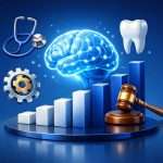 A modern 3D conceptual illustration showing a stylized, glowing brain on top of a rising bar chart. Floating minimalist icons represent different professions, including a stethoscope (doctor), a tooth (dentist), a gear (engineer), and a gavel (lawyer), visualizing the average IQ of a dentist and other occupations.