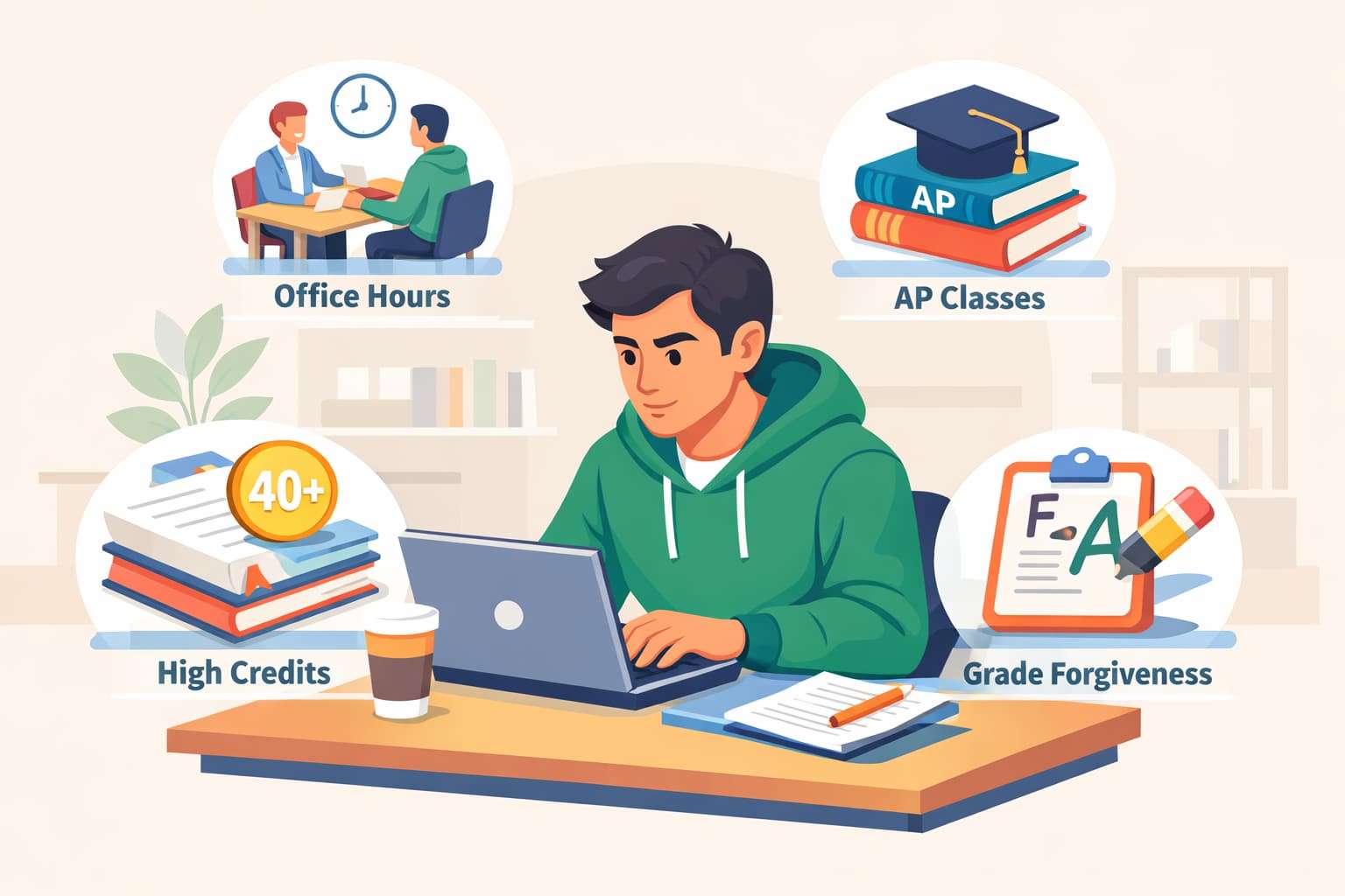 Illustration highlighting four proven strategies to raise a GPA: leveraging weighted classes, prioritizing high-credit classes, using grade forgiveness, and attending office hours.