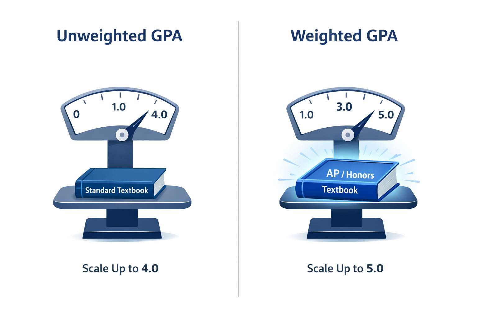Infographic comparing a 4.0 unweighted GPA scale to a 5.0 weighted GPA scale for honors and AP classes.