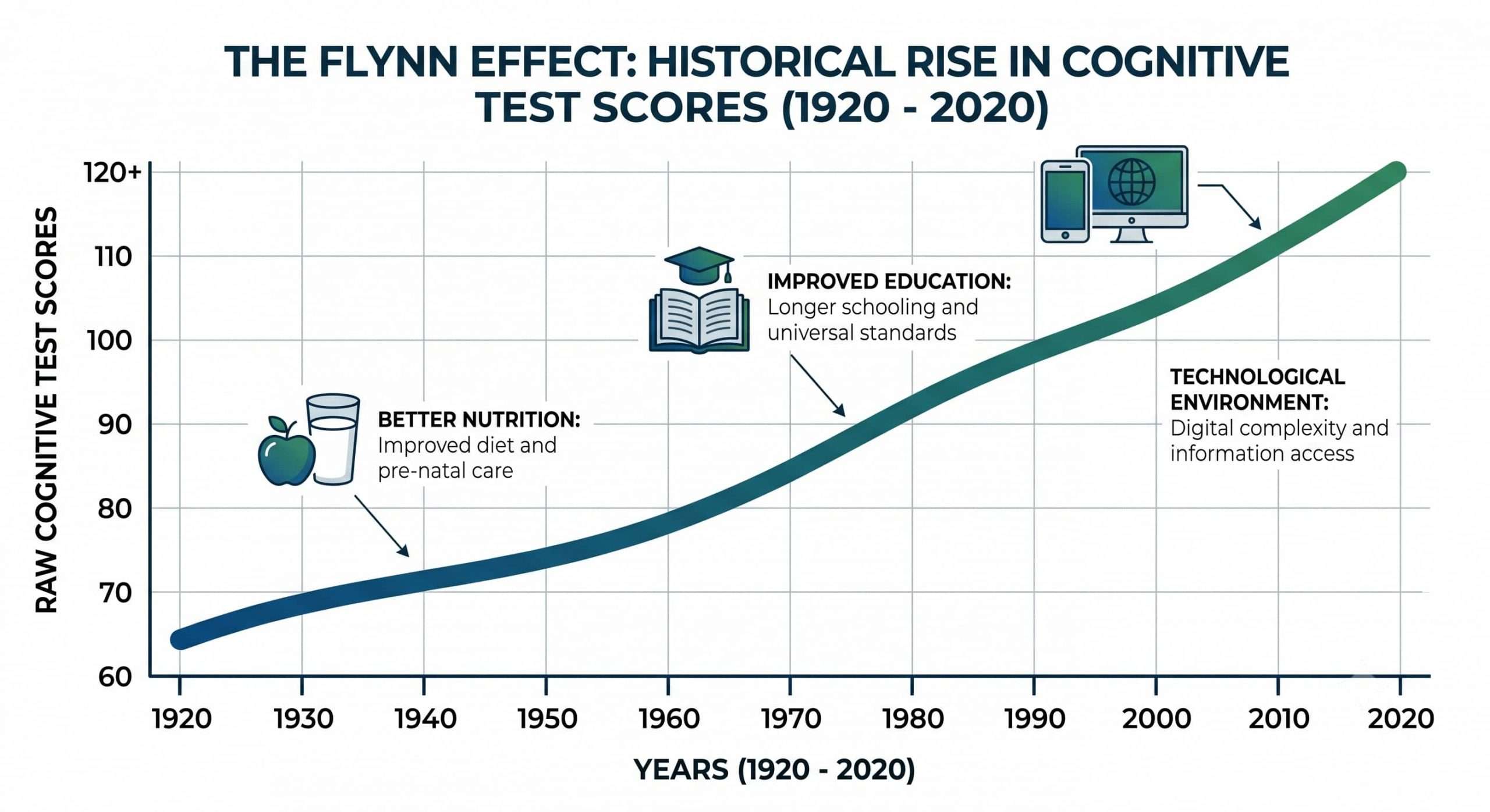 Historical graph demonstrating the Flynn Effect: rising raw cognitive test scores over time.