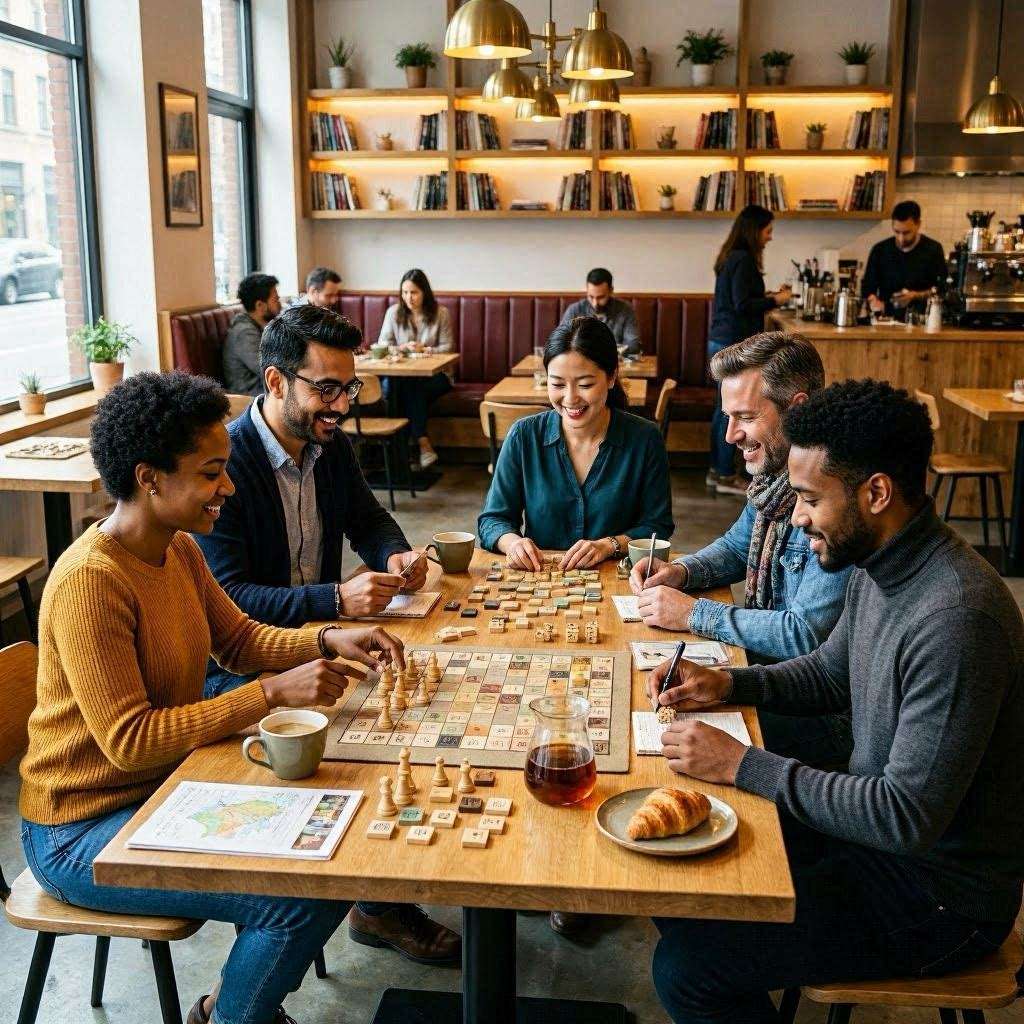 A diverse group of high-IQ society members socializing after achieving the required IQ for Mensa.